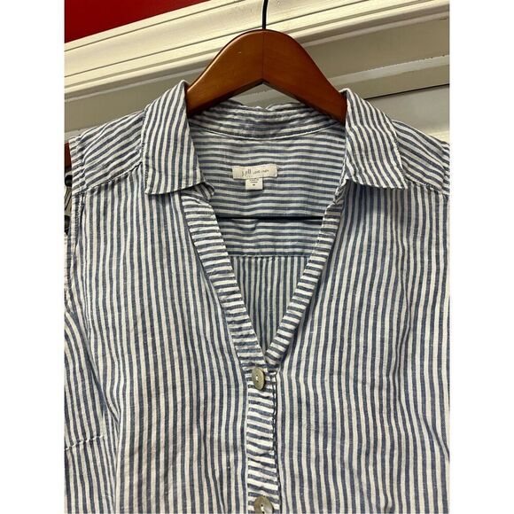 J. Jill Love Linen Blue & White stripe Side Button Sleeveless Button Down Shirt - Picture 2 of 5